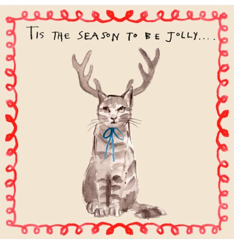 A stylish Christmas card with a stylish and witty cat illustration and text. 