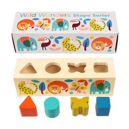 A fun and colourful wooden shape sorter toy