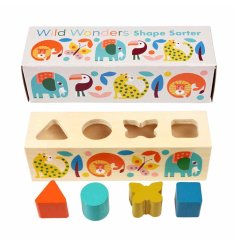 A fun and colourful wooden shape sorter toy