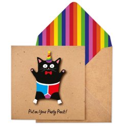 Put on your party pants. A humorous, beautifully illustrated 3D greetings card with rainbow kraft envelope.