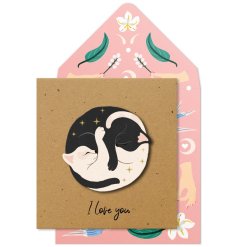 A beautifully illustrated 3D greetings card with a hugging cat moon image. Complete with I Love You slogan.