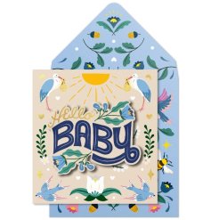 A super quality, beautifully illustrated 3D Hello Baby greetings card with matching patterned envelope.