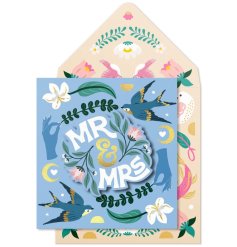 A stunning Mr and Mrs 3D greetings card with gold foil detail and beautiful pastel patterned envelope.