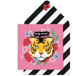 A colourful and stylish 3D greetings card with a party animal slogan and tiger design. Made in the UK. 