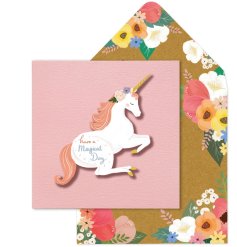 A colourful and quirky 3D greetings card with a unicorn design. 