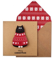 A fun and funky cat Christmas jumper card with matching envelope. A 3D eco card. 
