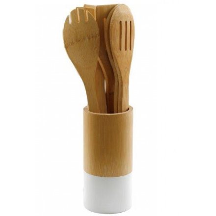 A set of 6 wooden utensils with a stylish holder. A fantastic gift item for the kitchen.