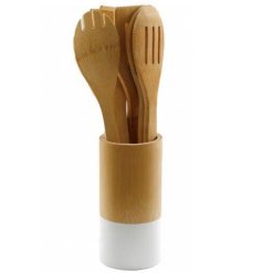 A set of 6 wooden utensils with a stylish holder. A fantastic gift item for the kitchen.