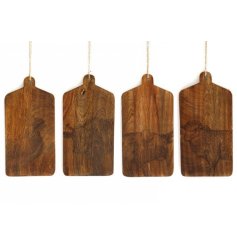 An assortment of 4 rustic boards with animal prints and chunky rope to hang. 