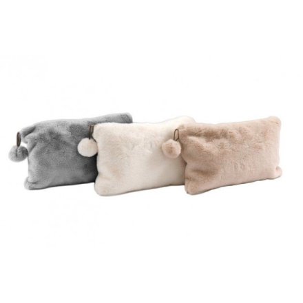 A mix of black, beige and cream faux fur cosmetic/toiletry bags in faux fur. Complete with pom pom.