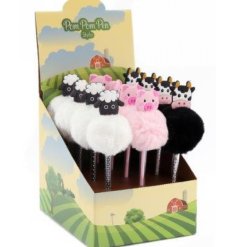 A mix of 3 animal themed pom pom pens in sheep, pig and cow designs.