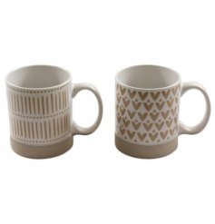 An assortment of 2 natural stoneware mugs in rustic heart and stripe designs. 