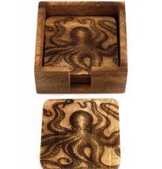 Dine in style with this set of 4 natural wooden coasters, each with an engraved Octopus design.