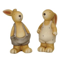 An assortment of 2 charming bunny ornaments. Each wearing a cute outfit with beautifully painted details.