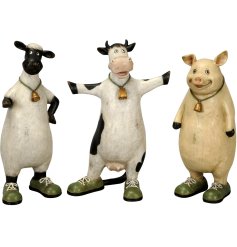 An assortment of charming country animals each with lace up shoes, a bell and smiling face.