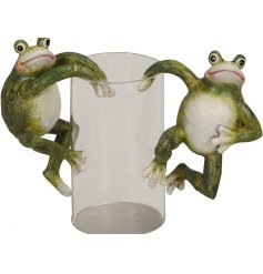 An assortment of 2 frog plant pot friends. A unique hanger with a rustic finish.