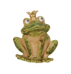 A smiling ceramic frog decoration with gold painted crown. Complete with a richly coloured speckled glaze. A rustic gift