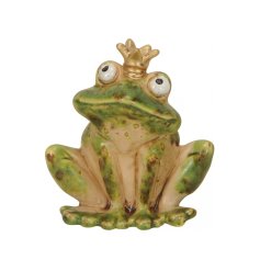 A cute and quirky ceramic frog ornament with a rich speckled glaze and gold painted crown.