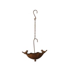 A unique umbrella bird feeder with 2 sweet bird ornaments. A rustic accessory for the garden with hanger. 