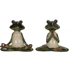 An assortment of 2 yoga frogs, each with a rich green glossy finish. 