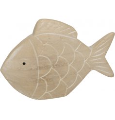 A natural wooden fish with engraved, white wash fins. A chic interior accessory for the home.