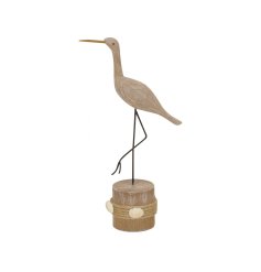A stylish wooden stork ornament elegantly stood upon a rustic wooden base.