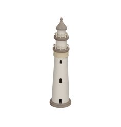 A chic wooden lighthouse decoration in neutral grey and white colours. Complete with coastal rope details. 