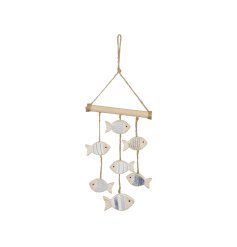A charming coastal themed hanging mobil featuring blue and white painted fish.