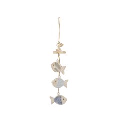 A charming coastal themed hanging garland featuring 3 painted wooden fish, beads and shells. 