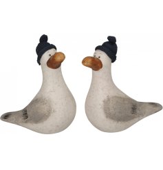 An assortment of 2 cool hat wearing seagulls. A charming and unique coastal themed decoration for the home. 