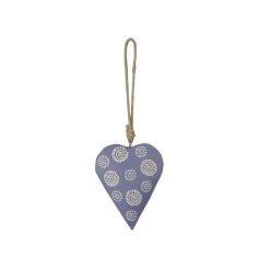 A unique metal hanging heart decoration with a blue and cream painted finish. 