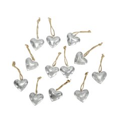 A set of 12 rustic metal hearts with jute string hangers.