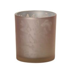 A pretty glass candle holder with pink smoked glass and butterfly design.
