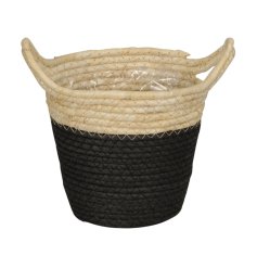 A stylish two tone woven basket in black and natural. Complete with double carry handles and lining. 