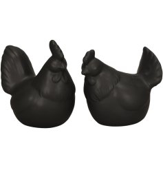 A cool and contemporary chicken and hen ornament with a matte black painted finish. 