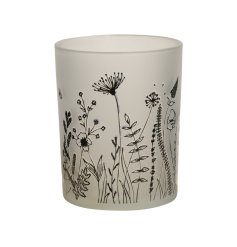 A chic smoked glass candle holder decorated with a cool and contemporary wildflower design. 