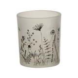 A chic black and white candle holder with smoked glass and a pretty wild flower decal. 