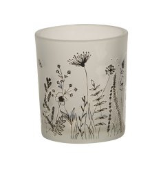 A chic black and white candle holder with smoked glass and a pretty wild flower decal. 
