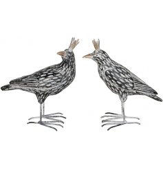 An assortment of 2 carved wooden birds, each with a unique crown. A rustic interior item for the home.