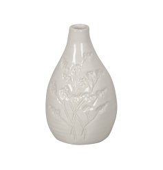 A chic ceramic vase with a beautiful pressed flower design. 