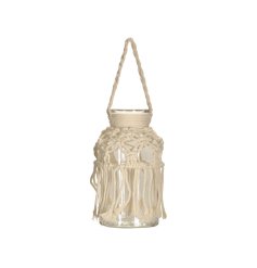 A bohemian hanging vase with a unique macrame wrap. A must have decoration for the home or garden.