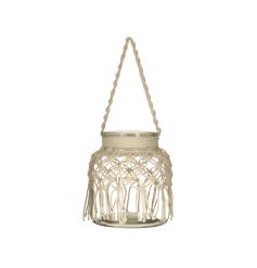 A stunning hanging glass lantern with a beautifully woven macrame cover. 