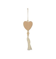 A stylish wooden heart with geometric beads and rope tassels. 