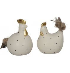 An assortment of 2 charming polka dot chicken/hen decorations. Complete with feathers and gold detailing.