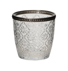 A vintage style t-light holder with pretty floral glass and a silver hammered rim. 