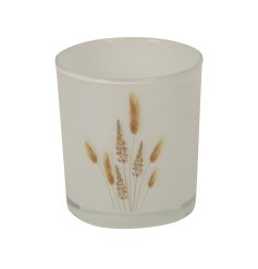 A stylish glass candle holder with a simple and chic pampas grass print.