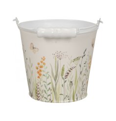 A stunning storage bucket/planter with a fresh and vibrant wild flower design.