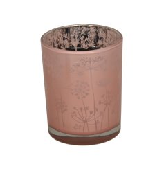 A matte pink glass t-light holder with a silver, reflective centre. Complete with a dainty flower motif.