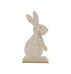 A chic felt rabbit decoration. A beautifully stitched figure set upon a wooden base. Complete with cute beaded bow.