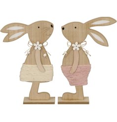 An assortment of 2 adorable wooden bunnies. Each has a wooden daisy and beaded bow as well as sweet wool shorts.